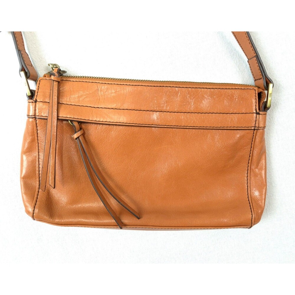 HOBO Glossy Leather Crossbody Bag Cognac Brown Adjustable Y2K Boho Tassel Purse
